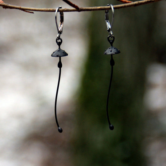 Black Amanita Mushroom Earrings – Long Copper & Pewter Forest Dangles – Witchy Botanical