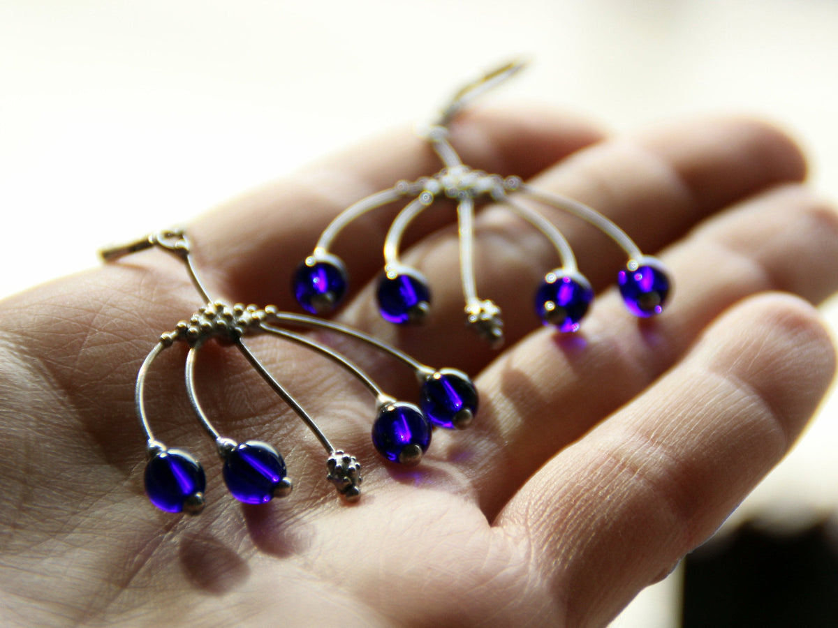 Cobalt Blue Glass Berry Earrings – Silver Tone