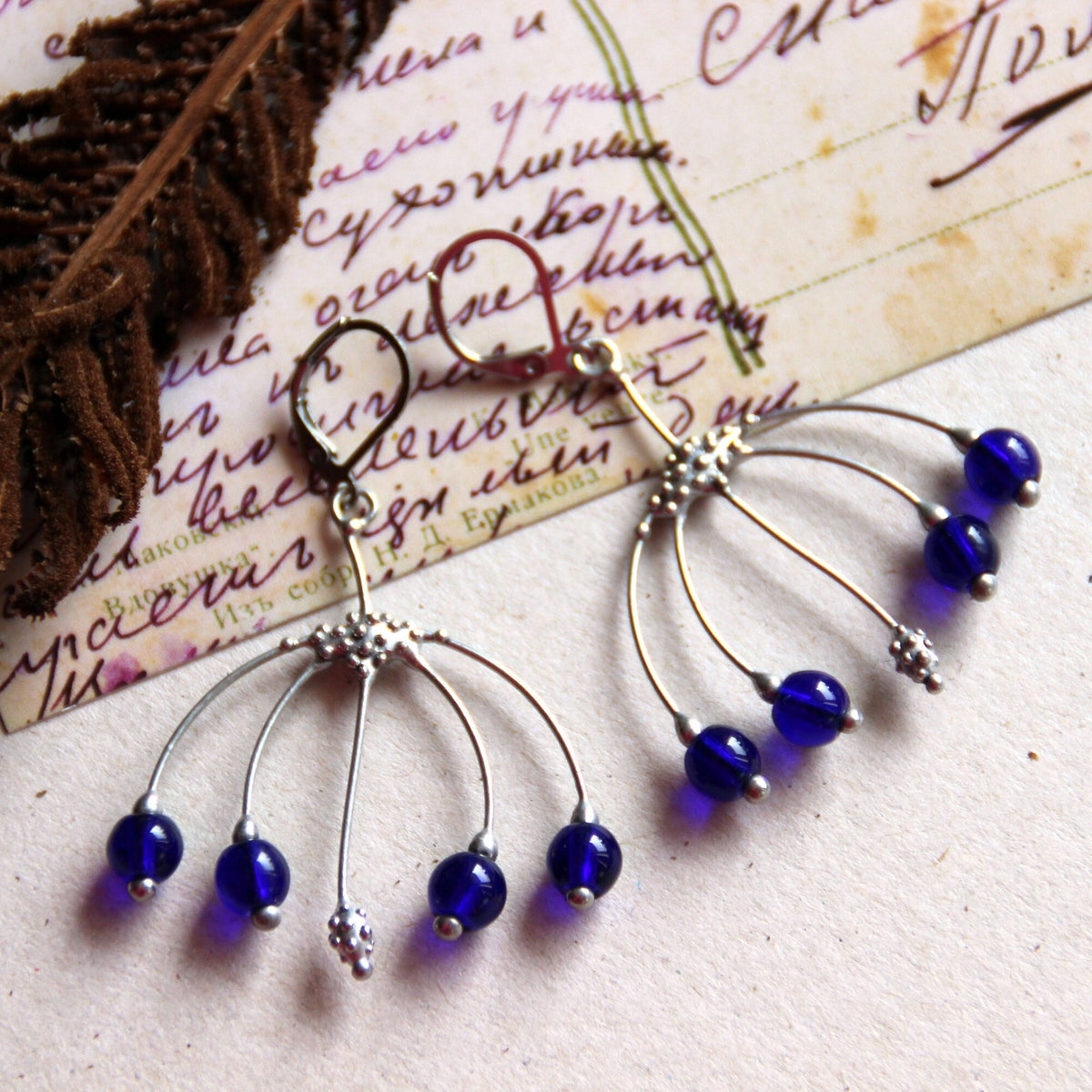 Cobalt Blue Glass Berry Earrings – Silver Tone