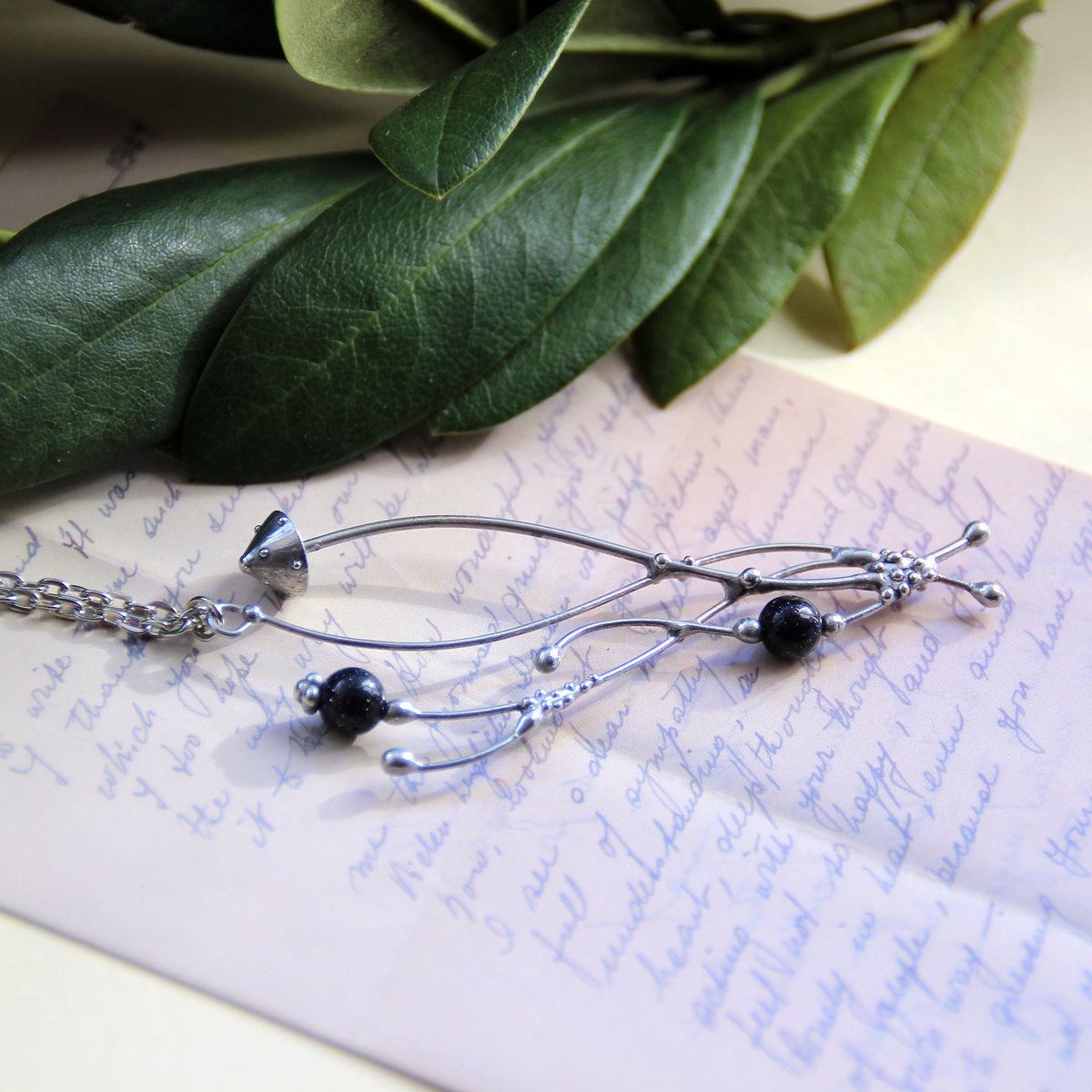 Silver Tone Amanita Mushroom Necklace – Blue Aventurine Forest Pendant – Botanical