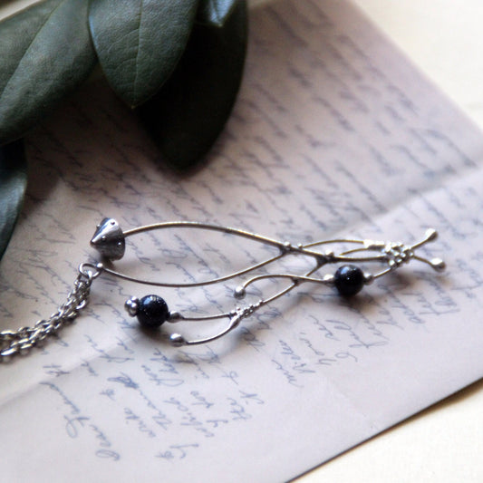 Silver Tone Amanita Mushroom Necklace – Blue Aventurine Forest Pendant – Botanical