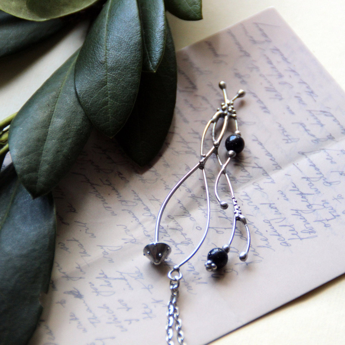 Silver Tone Amanita Mushroom Necklace – Blue Aventurine Forest Pendant – Botanical