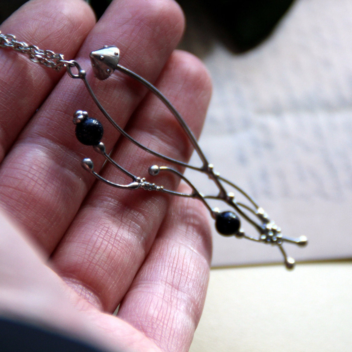 Silver Tone Amanita Mushroom Necklace – Blue Aventurine Forest Pendant – Botanical