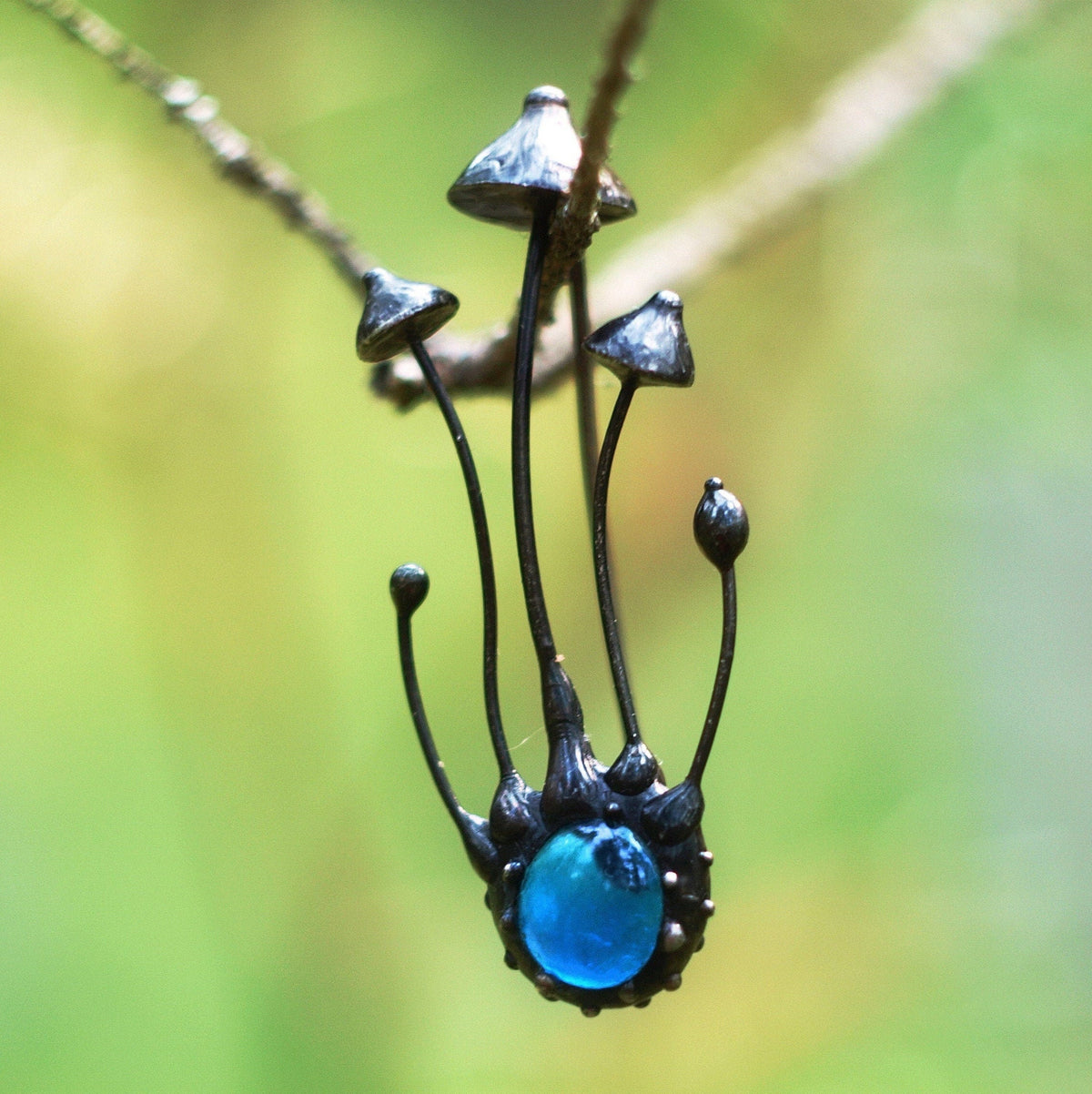Blue Glass Mushroom Trio Brooch – Blackened Copper