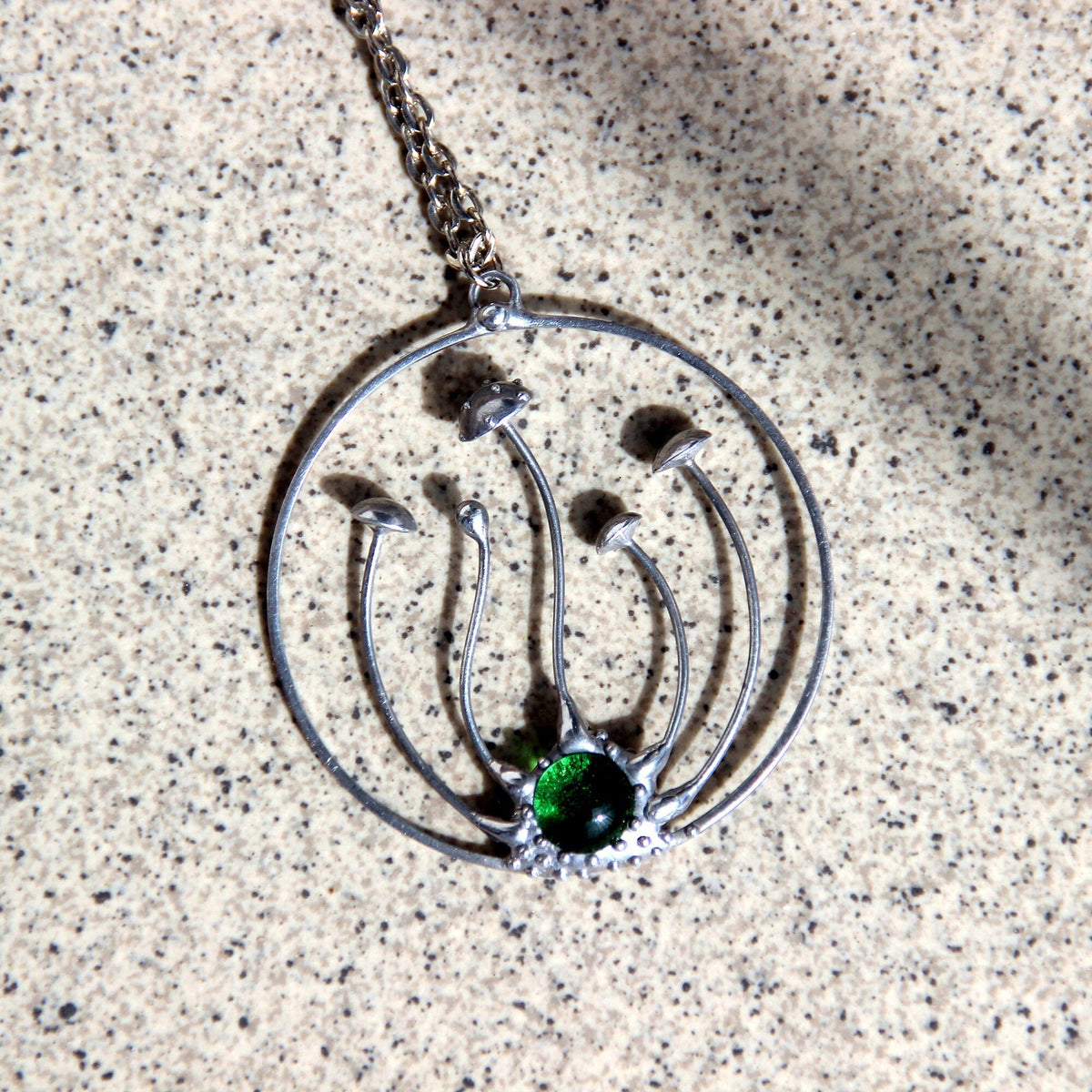 Green Glass Amanita Mushroom Necklace – Silver Tone