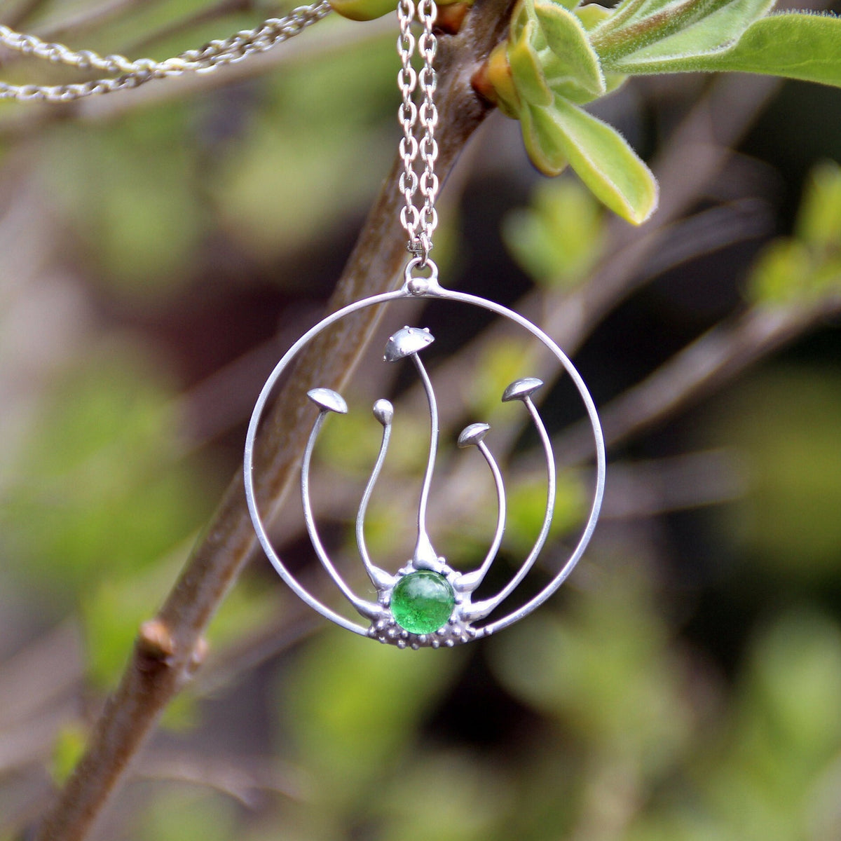 Green Glass Amanita Mushroom Necklace – Silver Tone