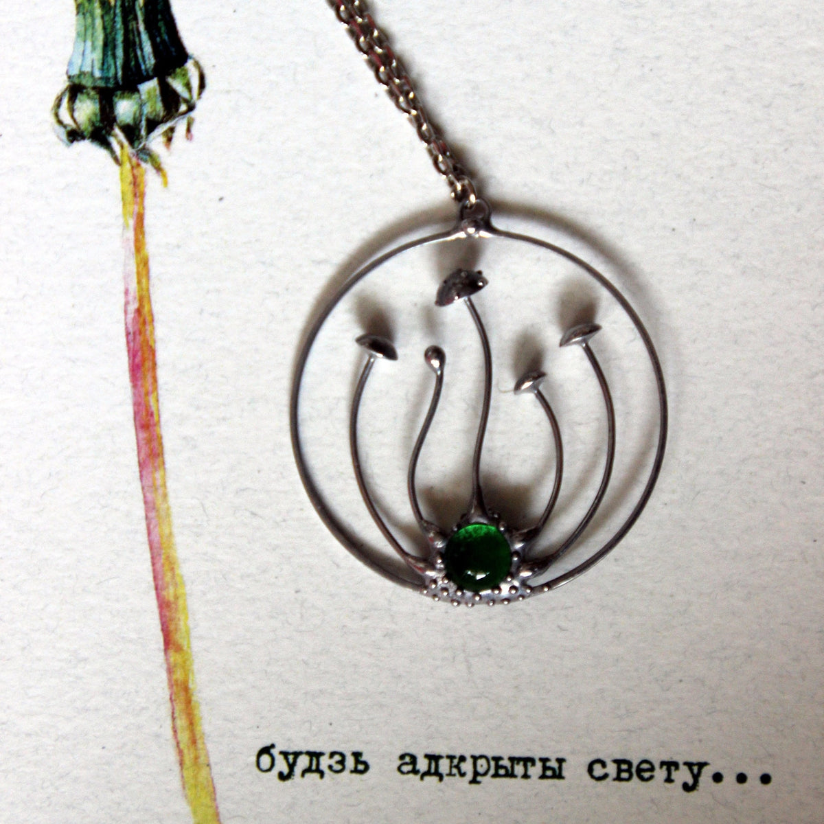 Green Glass Amanita Mushroom Necklace – Silver Tone