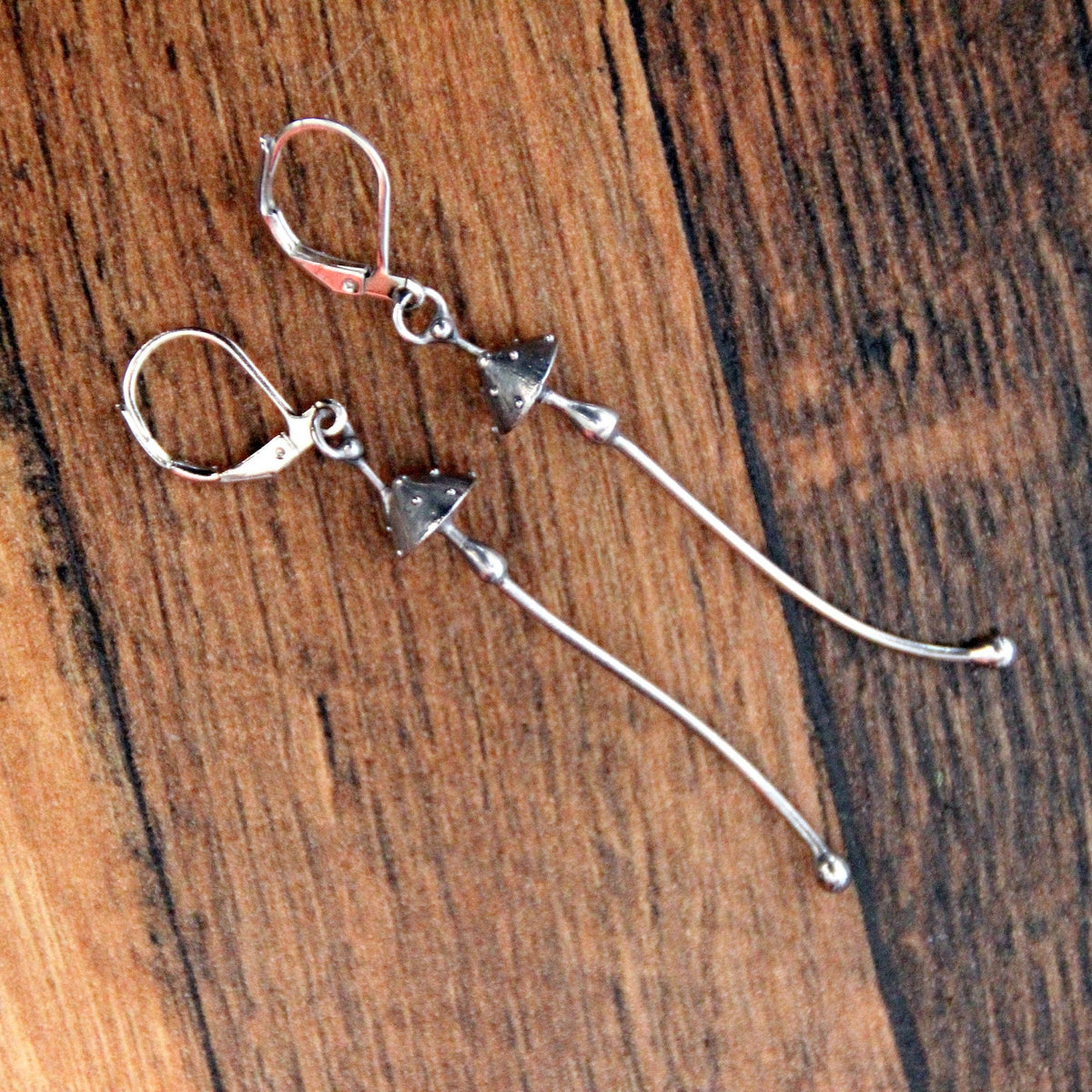 Silver Amanita Mushroom Earrings – Long Copper & Pewter Forest Dangles – Witchy Botanical