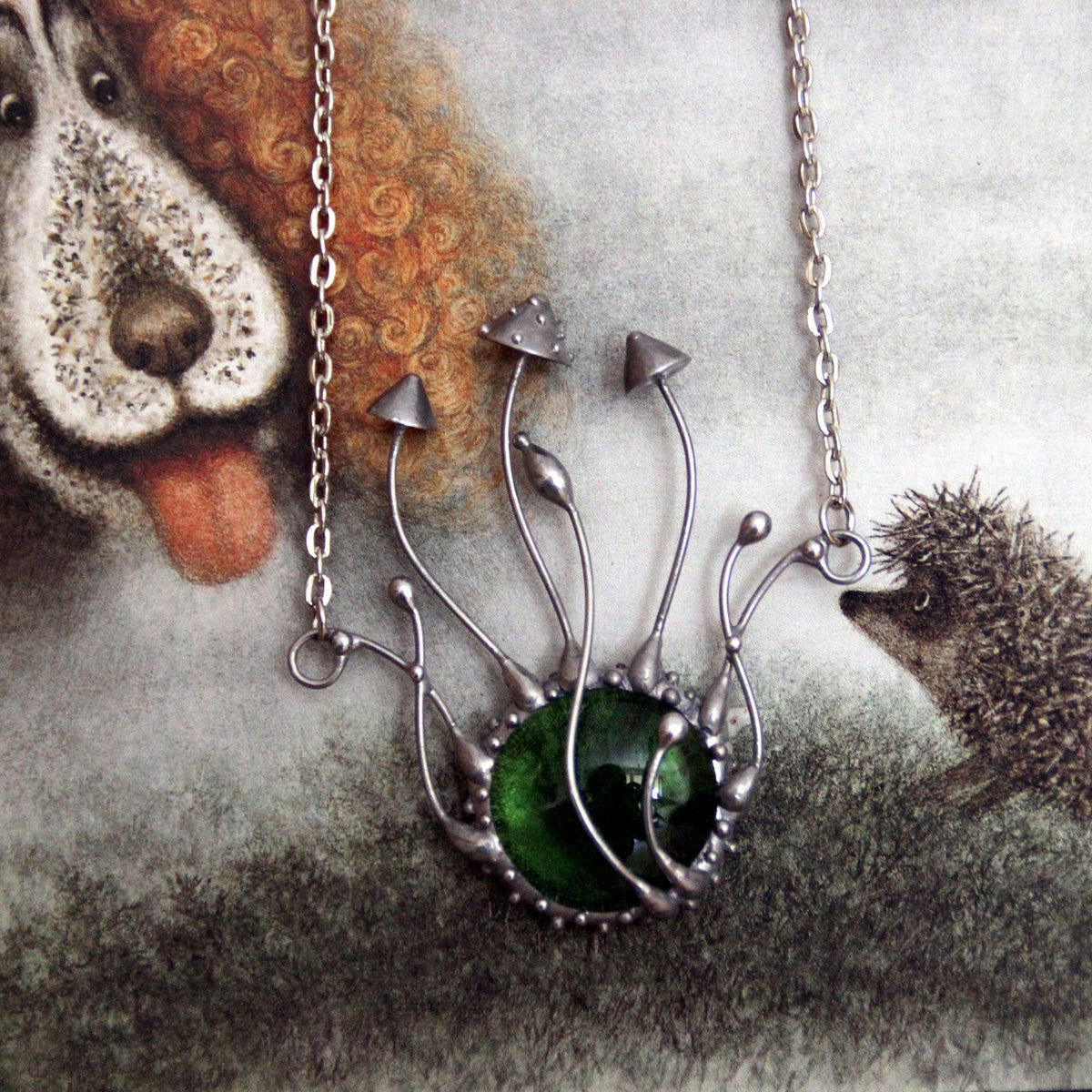 Green Glass Mushroom Necklace – Silver Tone Botanical Pendant – Forest