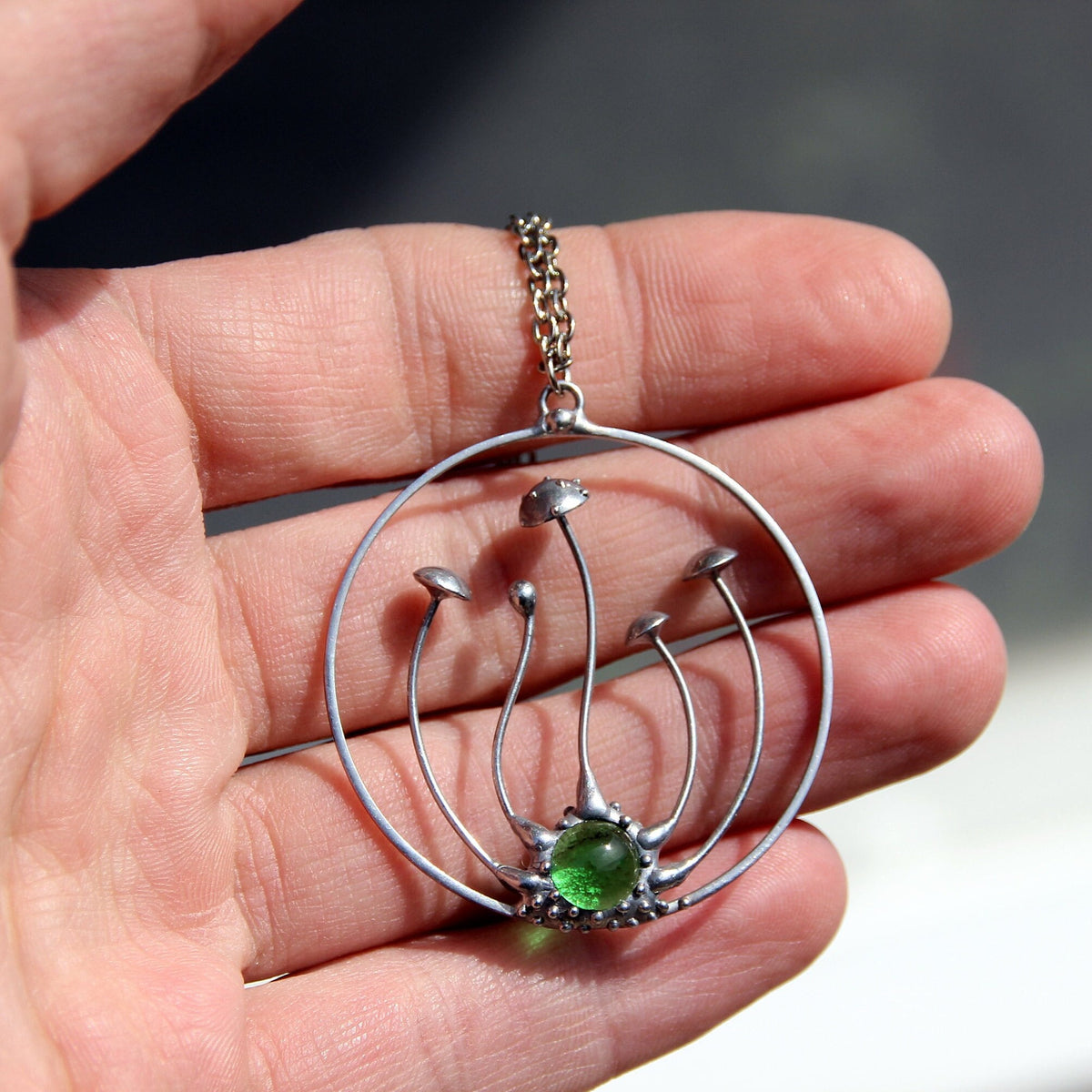Green Glass Amanita Mushroom Necklace – Silver Tone