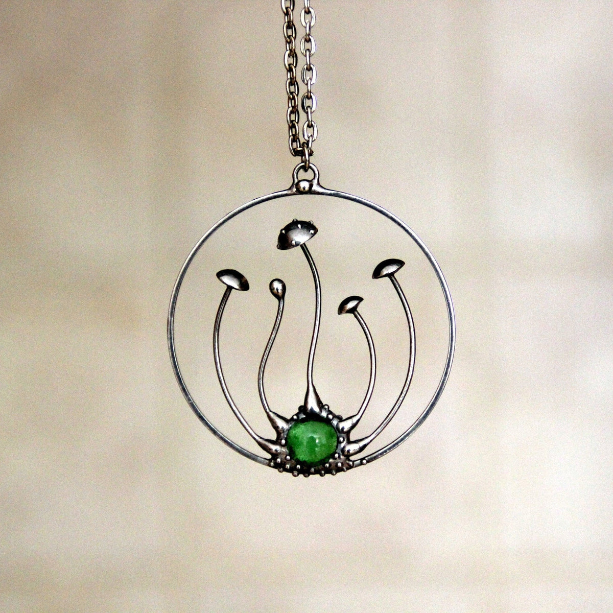 Green Glass Amanita Mushroom Necklace – Silver Tone