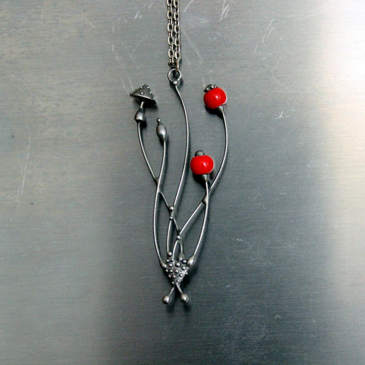 Red Glass Amanita Mushroom Necklace – Silver Tone