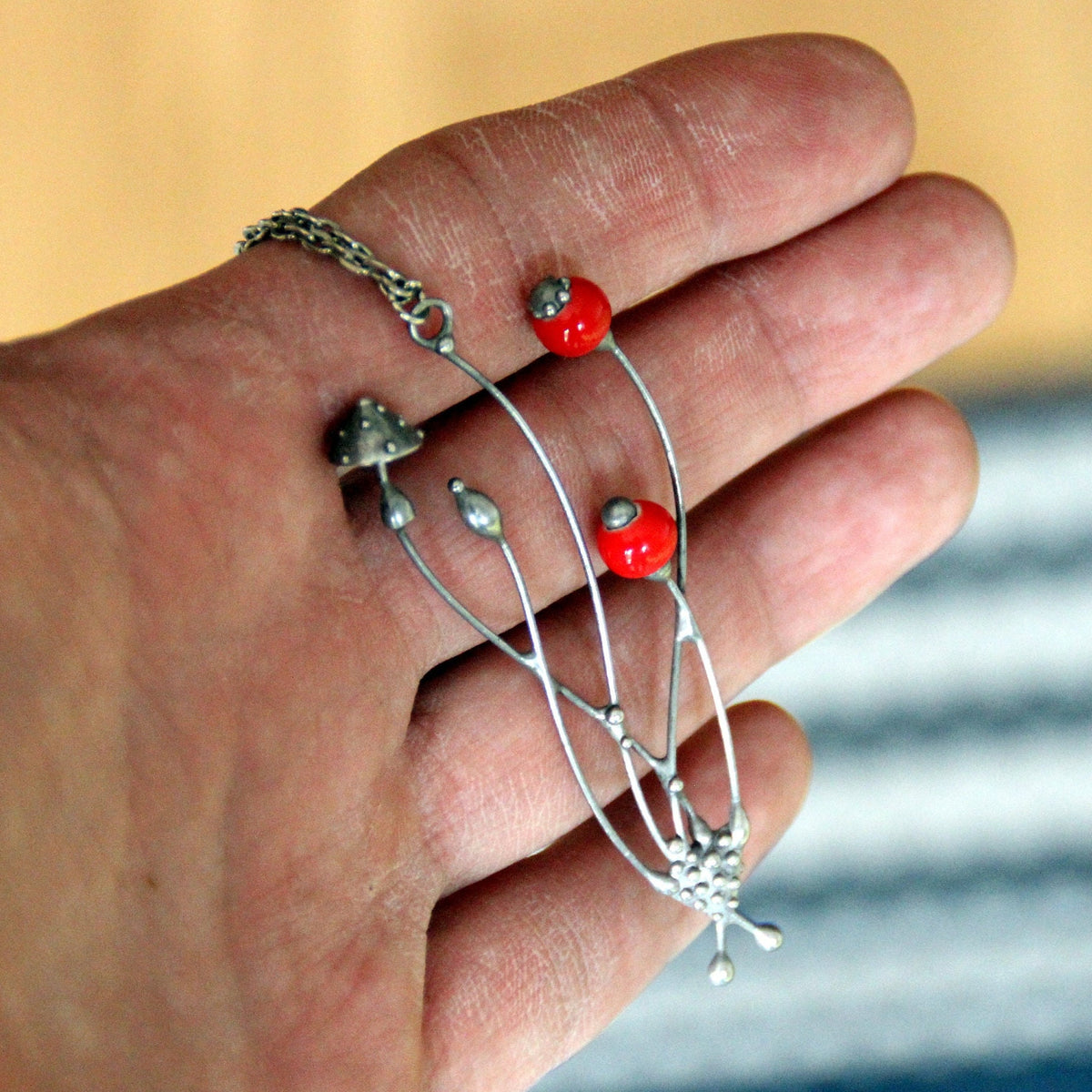 Red Glass Amanita Mushroom Necklace – Silver Tone