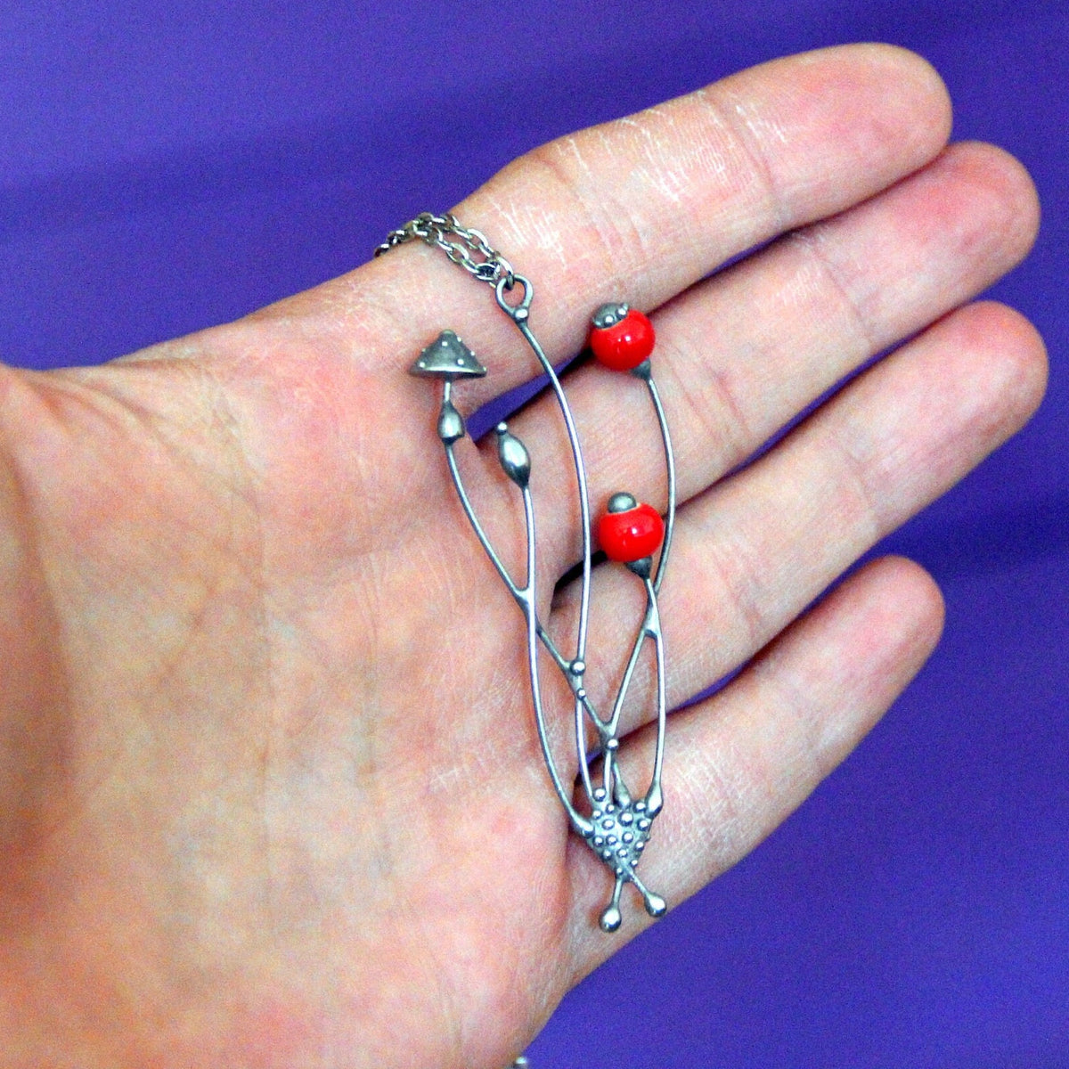 Red Glass Amanita Mushroom Necklace – Silver Tone