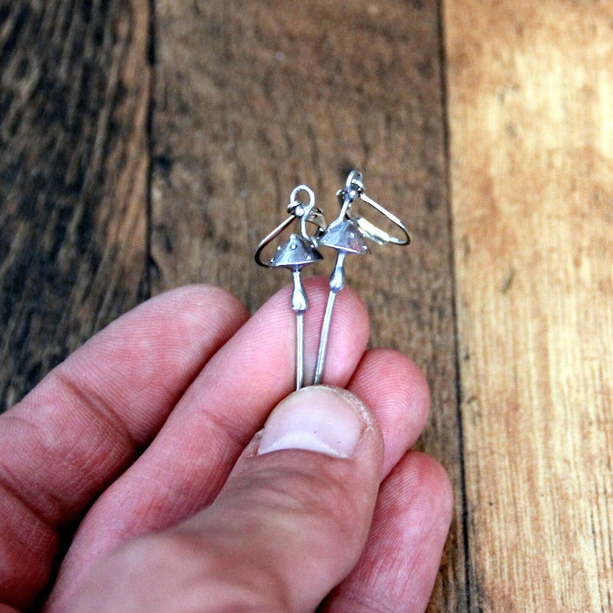 Silver Amanita Mushroom Earrings – Long Copper & Pewter Forest Dangles – Witchy Botanical