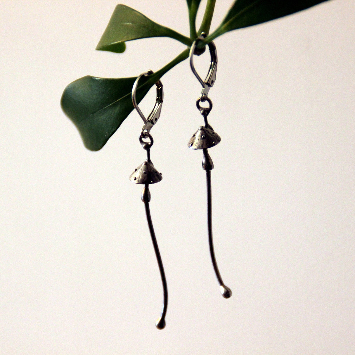 Silver Amanita Mushroom Earrings – Long Copper & Pewter Forest Dangles – Witchy Botanical