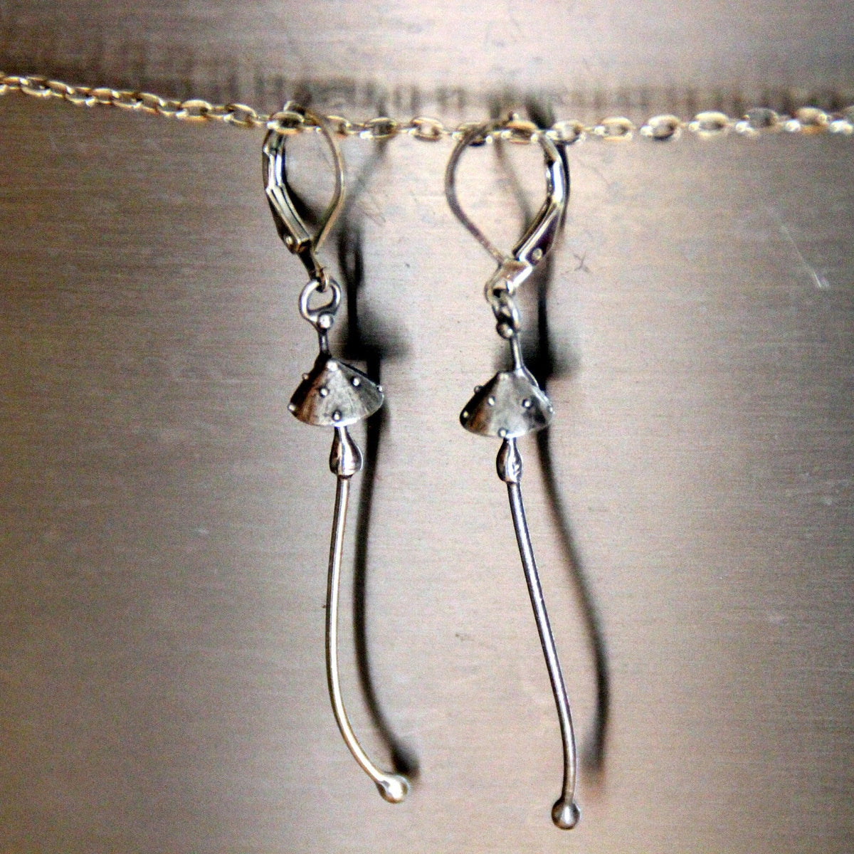 Silver Amanita Mushroom Earrings – Long Copper & Pewter Forest Dangles – Witchy Botanical