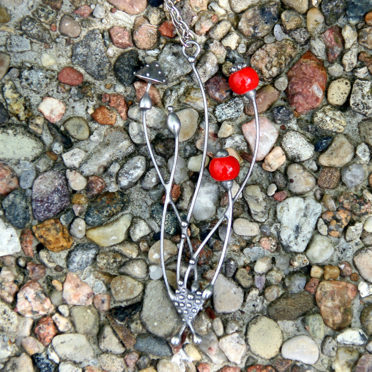 Red Glass Amanita Mushroom Necklace – Silver Tone