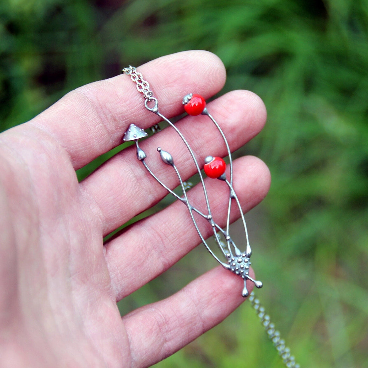 Red Glass Amanita Mushroom Necklace – Silver Tone