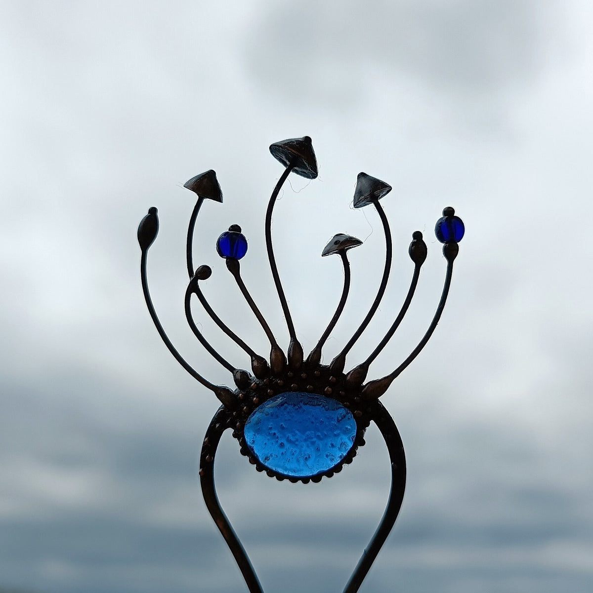 Blue Glass Mushroom Hair Pin – Blackened Copper Forest Hair Fork – Witchy Botanical