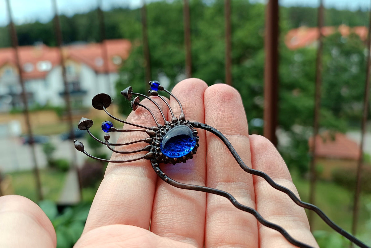 Blue Glass Mushroom Hair Pin – Blackened Copper Forest Hair Fork – Witchy Botanical