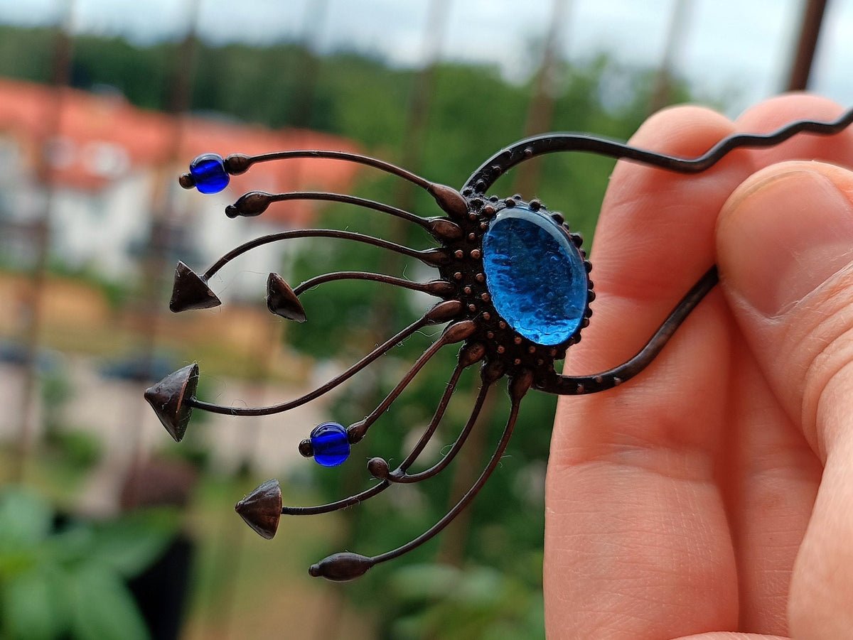 Blue Glass Mushroom Hair Pin – Blackened Copper Forest Hair Fork – Witchy Botanical