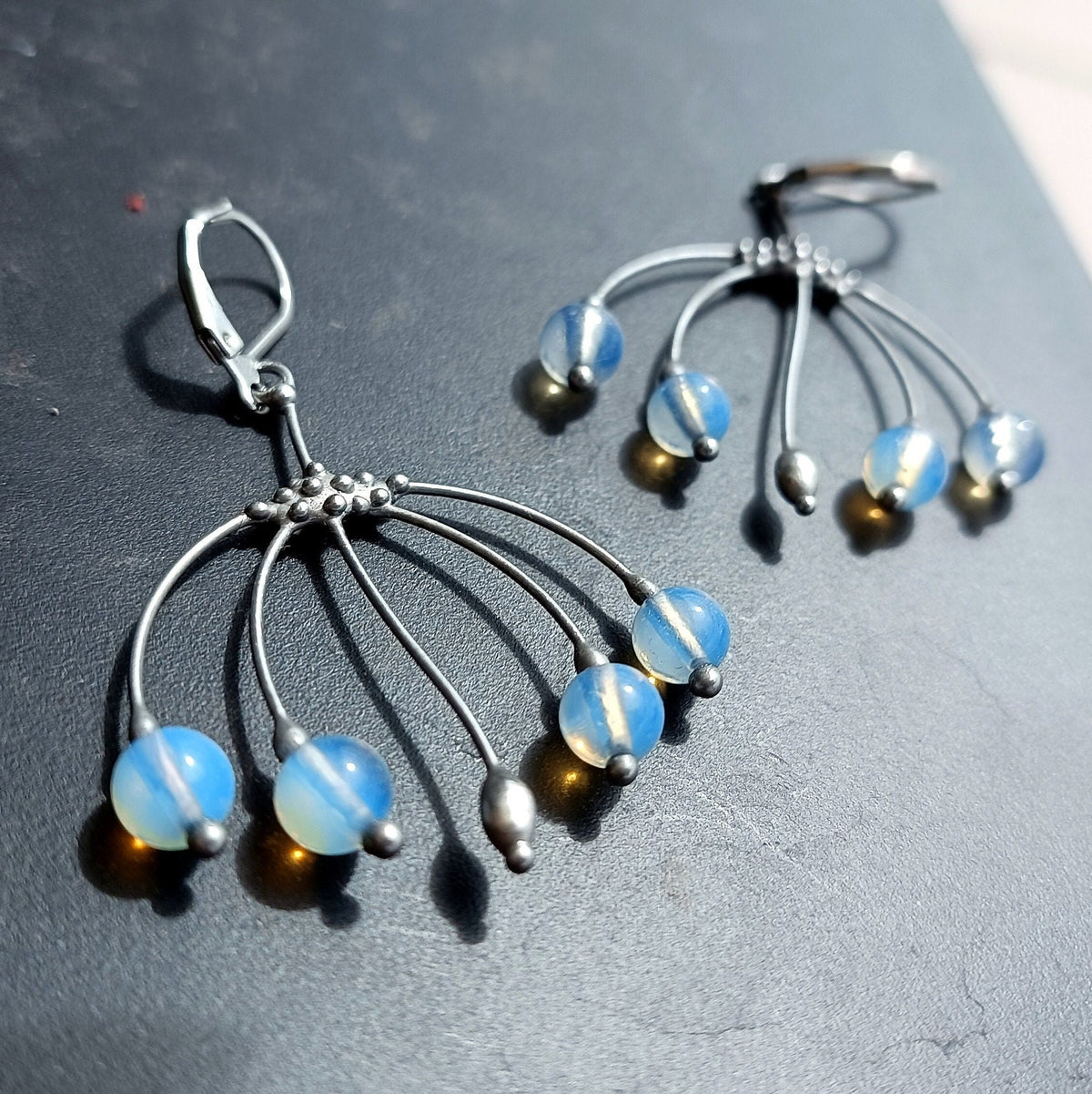 Blue Glass Branch Earrings – Silver Tone