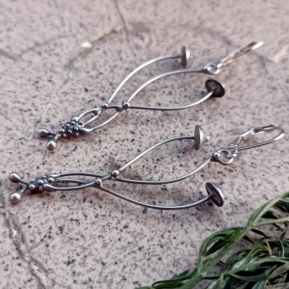 Silver Tone Mushroom Earrings – Copper & Pewter Forest Dangles – Psychedelic Botanical