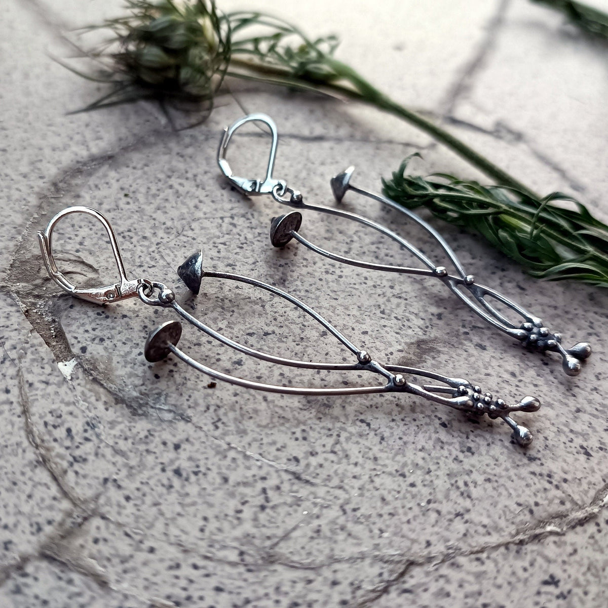 Silver Tone Mushroom Earrings – Copper & Pewter Forest Dangles – Psychedelic Botanical
