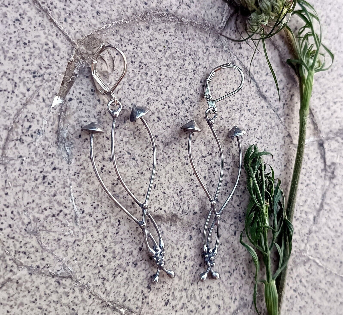 Silver Tone Mushroom Earrings – Copper & Pewter Forest Dangles – Psychedelic Botanical