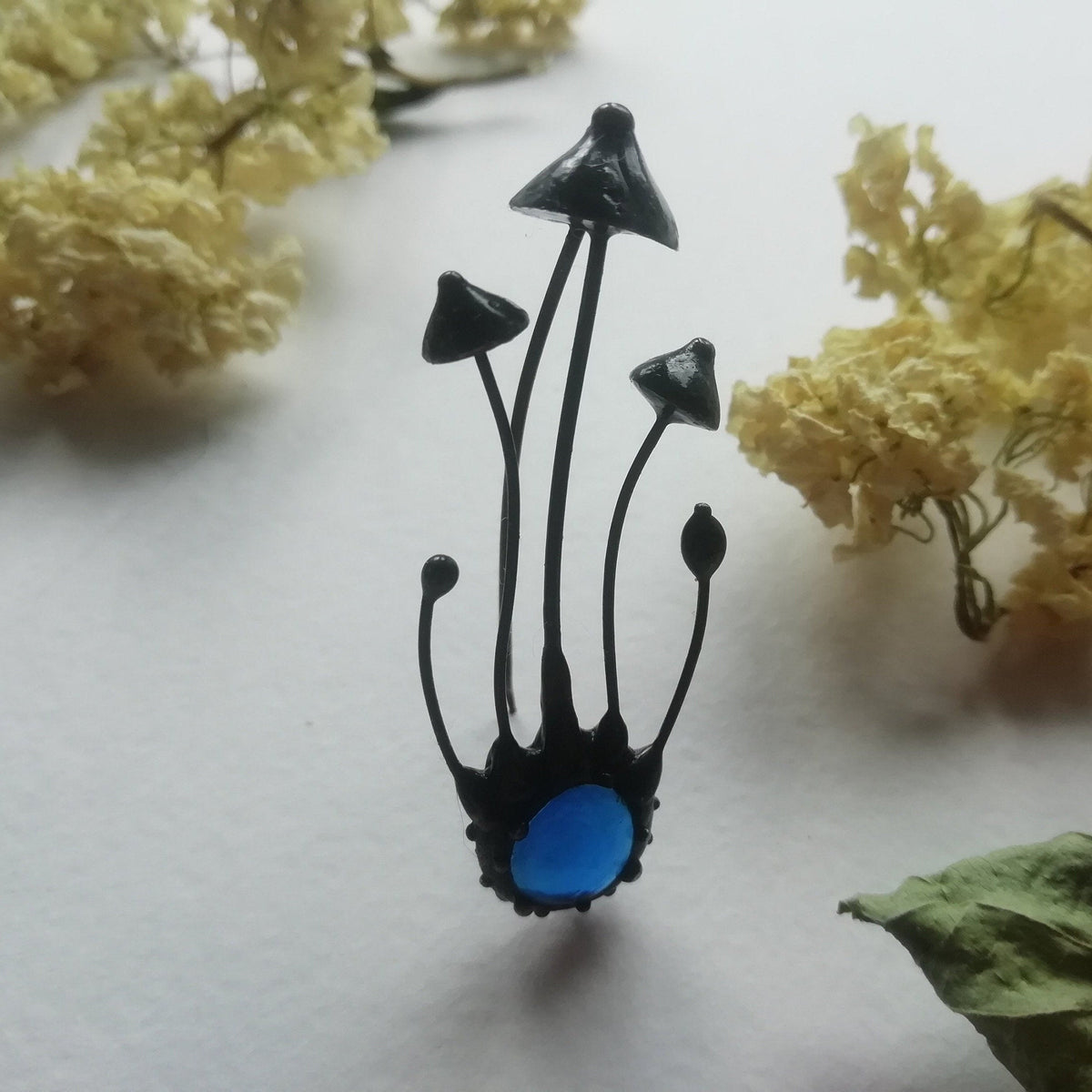 Blue Glass Mushroom Trio Brooch – Blackened Copper