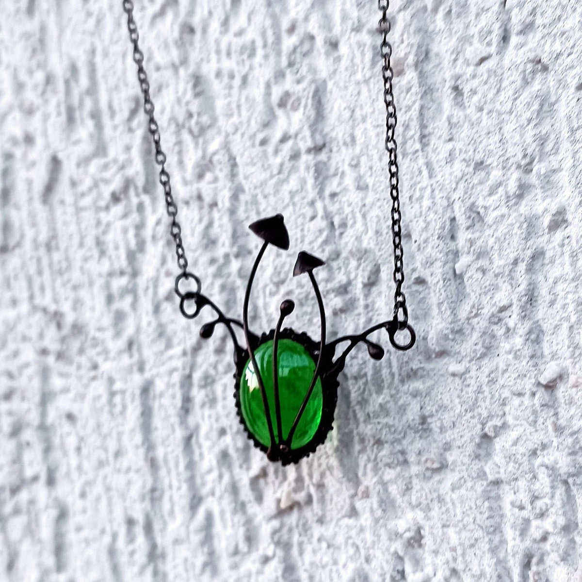 Green Glass Mushroom Necklace – Blackened Copper Forest Pendant – Botanical Fungi