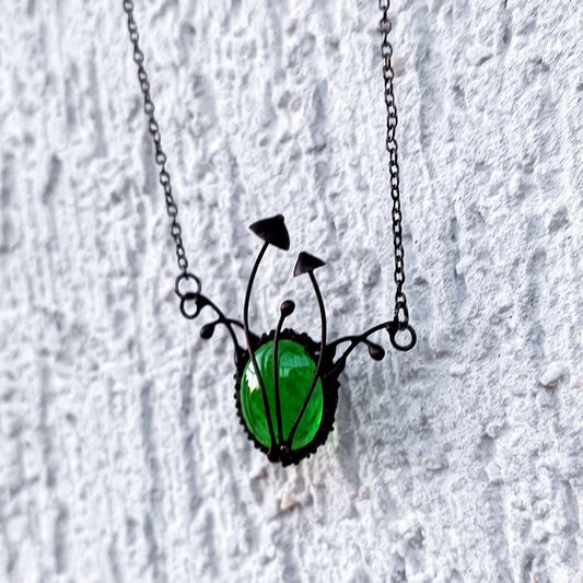 Green Glass Mushroom Necklace – Blackened Copper Forest Pendant – Botanical Fungi