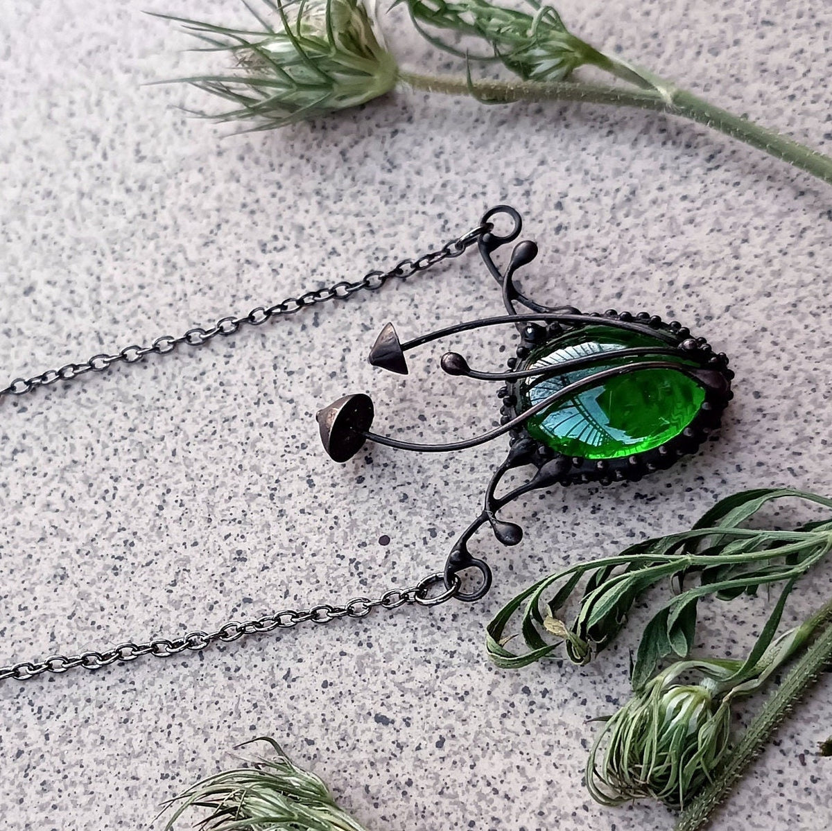 Green Glass Mushroom Necklace – Blackened Copper Forest Pendant – Botanical Fungi