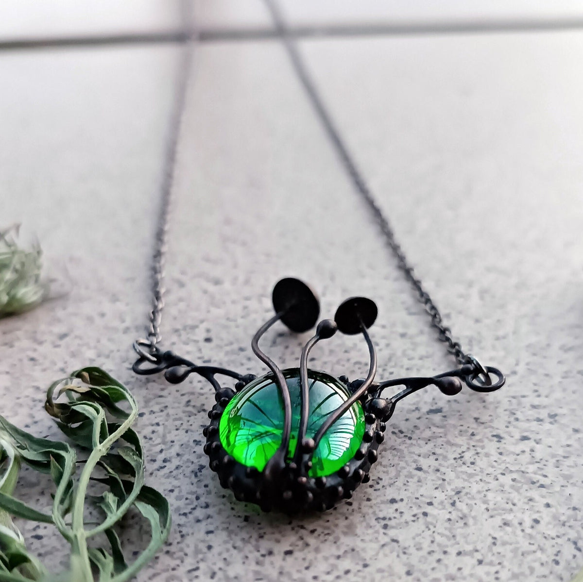 Green Glass Mushroom Necklace – Blackened Copper Forest Pendant – Botanical Fungi