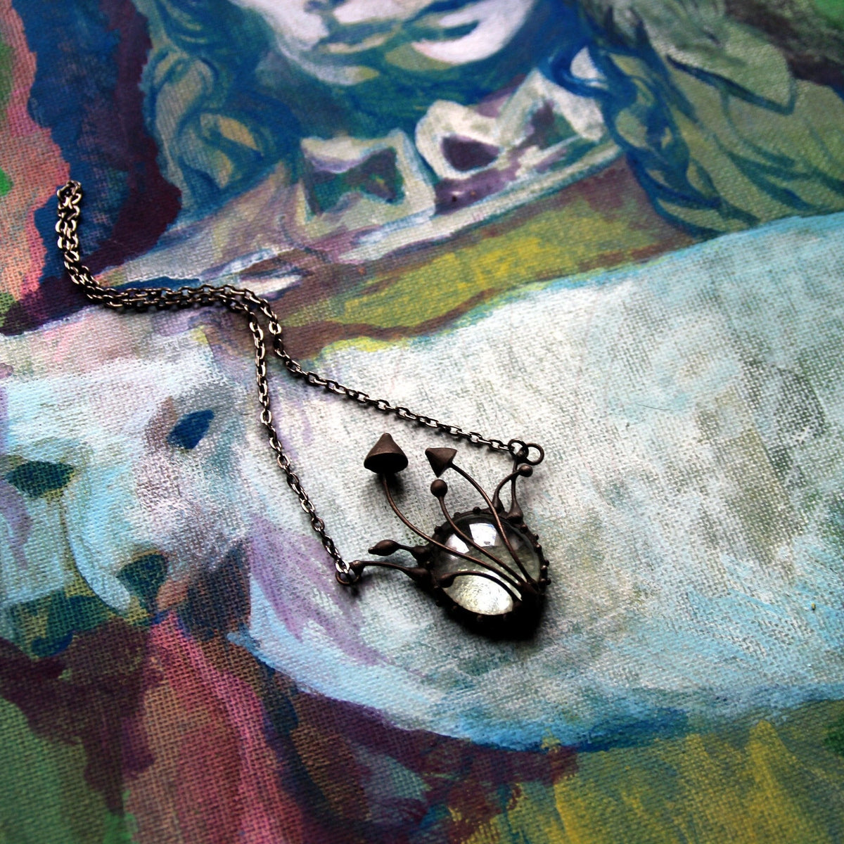 Clear Glass Mushroom Necklace – Blackened Copper & Pewter Forest Pendant – Botanical