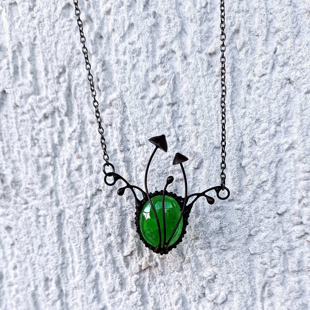 Green Glass Mushroom Necklace – Blackened Copper Forest Pendant – Botanical Fungi