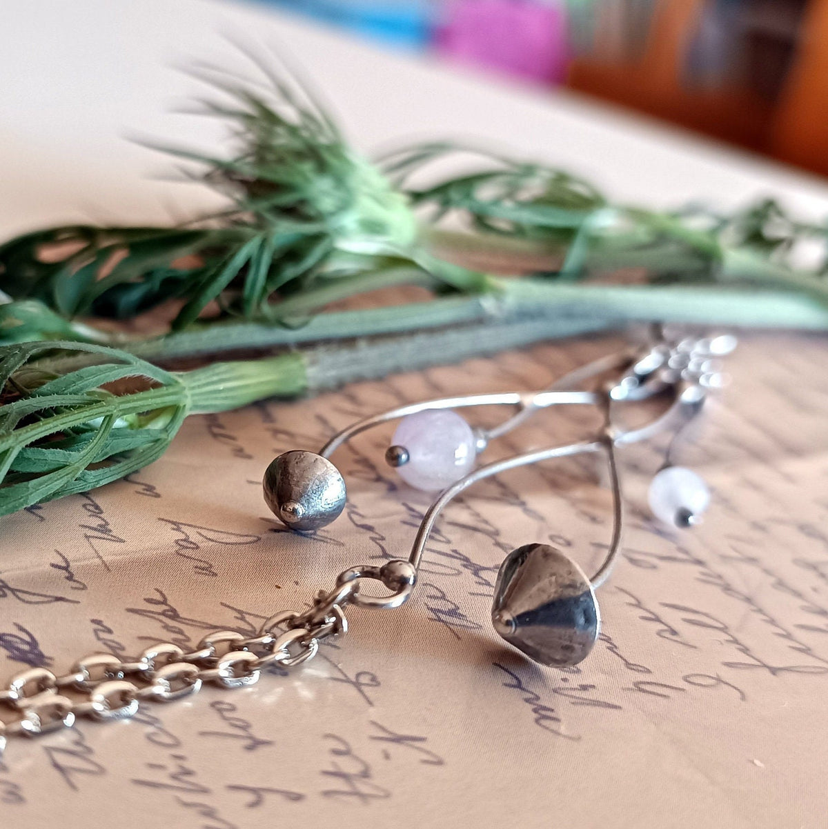 Rose Quartz Mushroom Necklace – Silver Tone