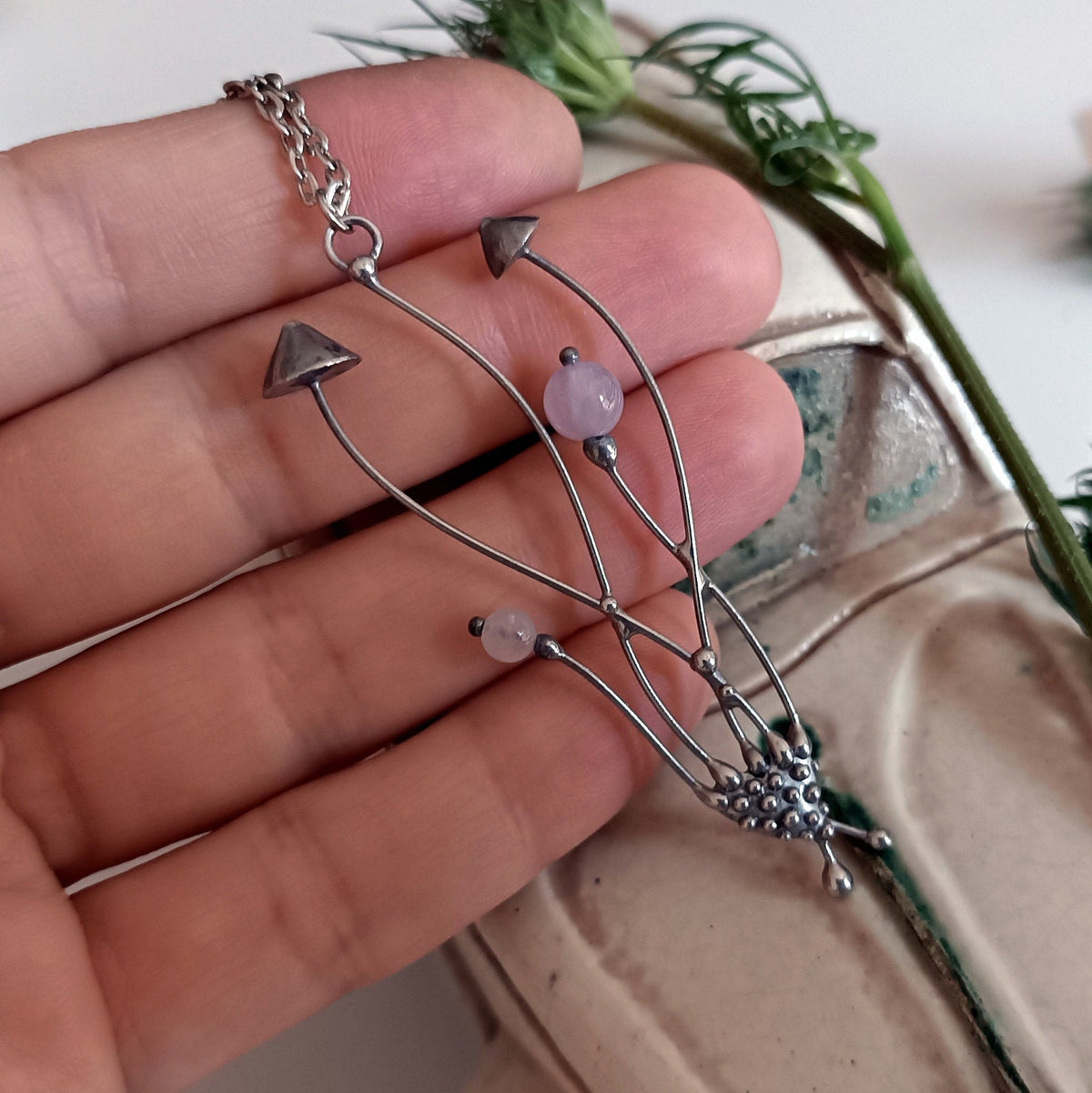 Rose Quartz Mushroom Necklace – Silver Tone