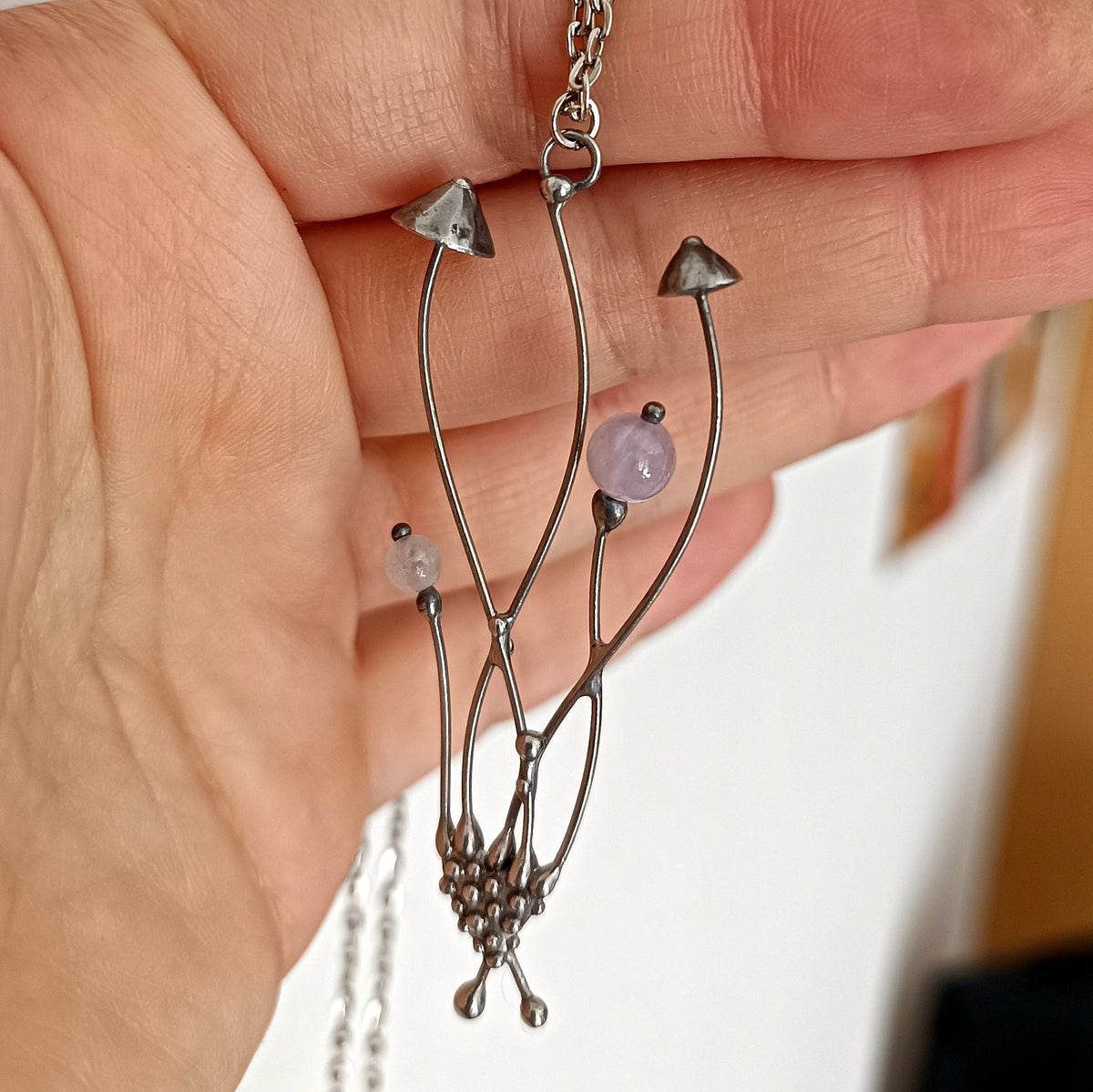 Rose Quartz Mushroom Necklace – Silver Tone