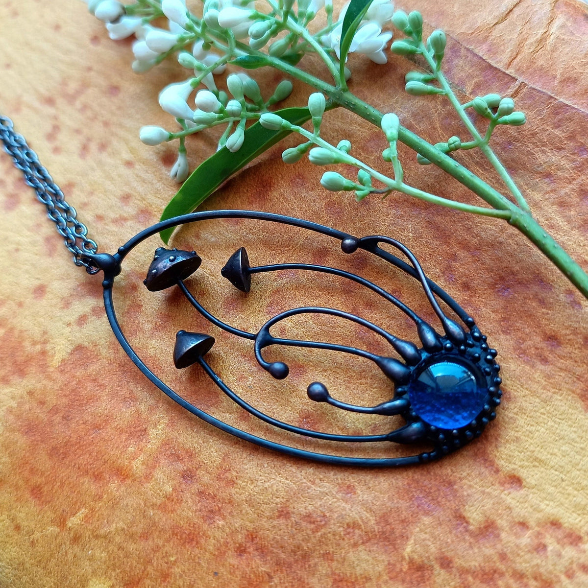 Blue Glass Amanita Mushroom Necklace – Blackened Copper Oval Forest Pendant – Botanical
