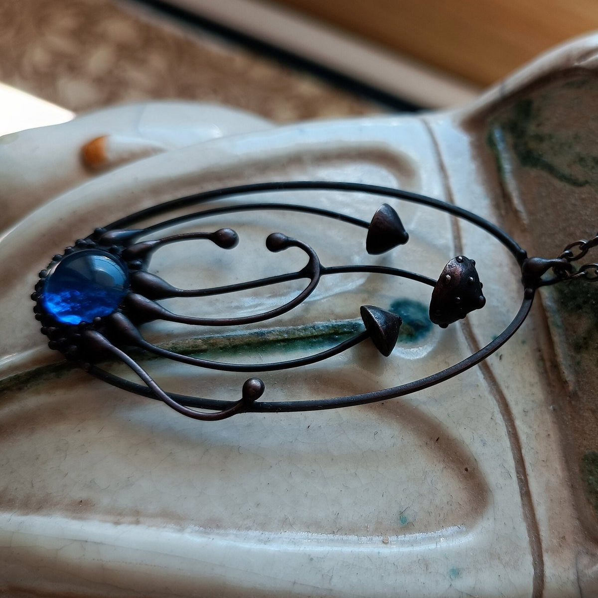 Blue Glass Amanita Mushroom Necklace – Blackened Copper Oval Forest Pendant – Botanical