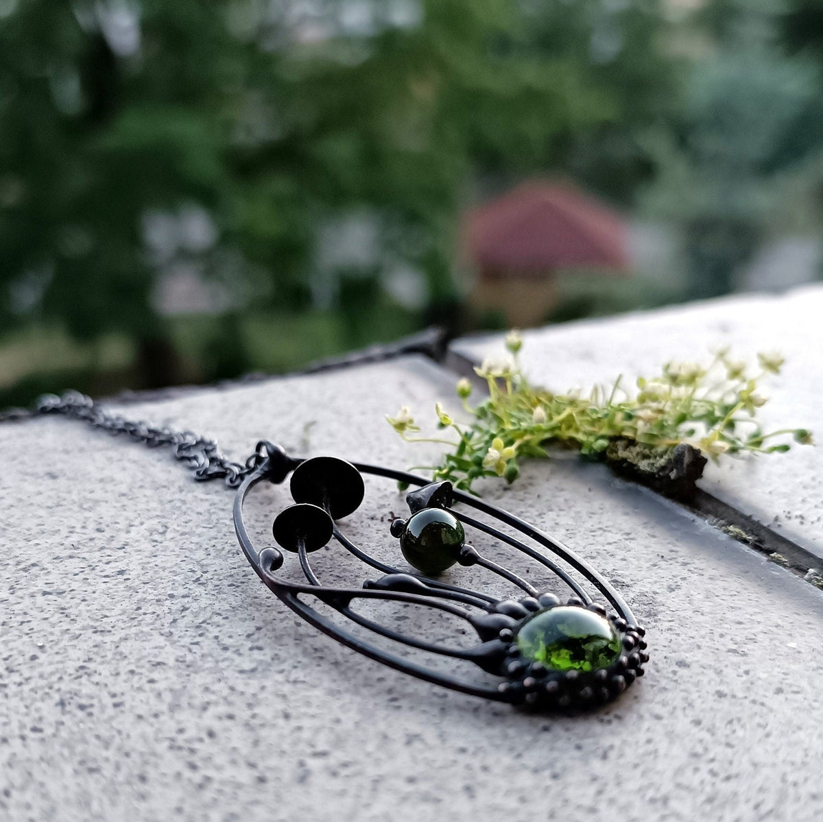 Green Glass Mushroom Necklace – Blackened Copper Oval Forest Pendant – Psychedelic Botanical