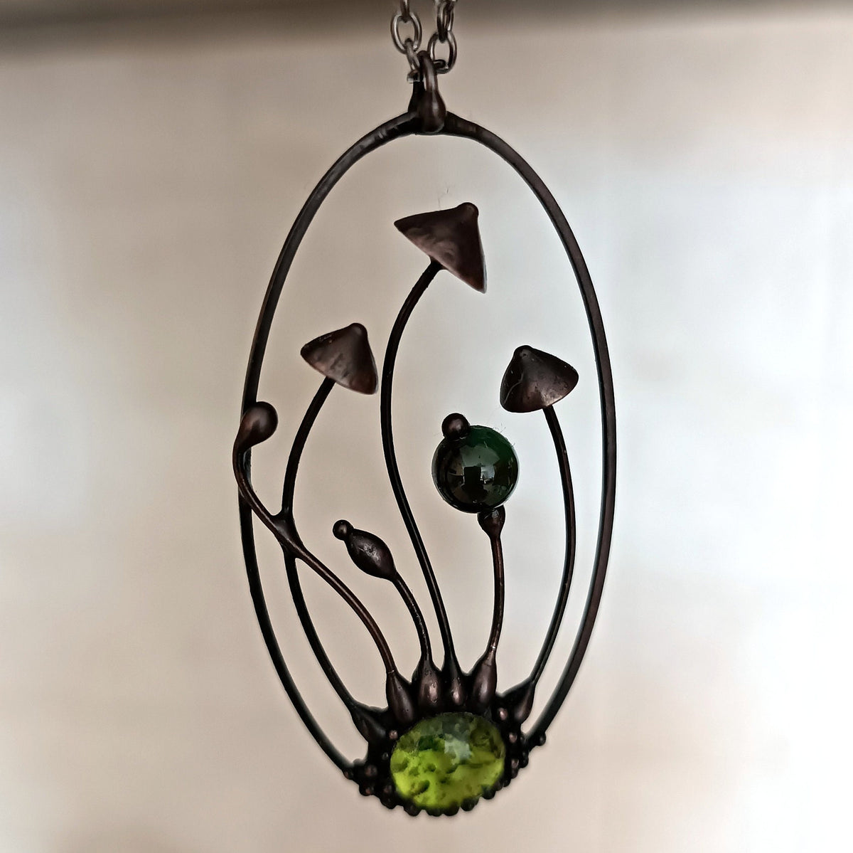 Green Glass Mushroom Necklace – Blackened Copper Oval Forest Pendant – Psychedelic Botanical