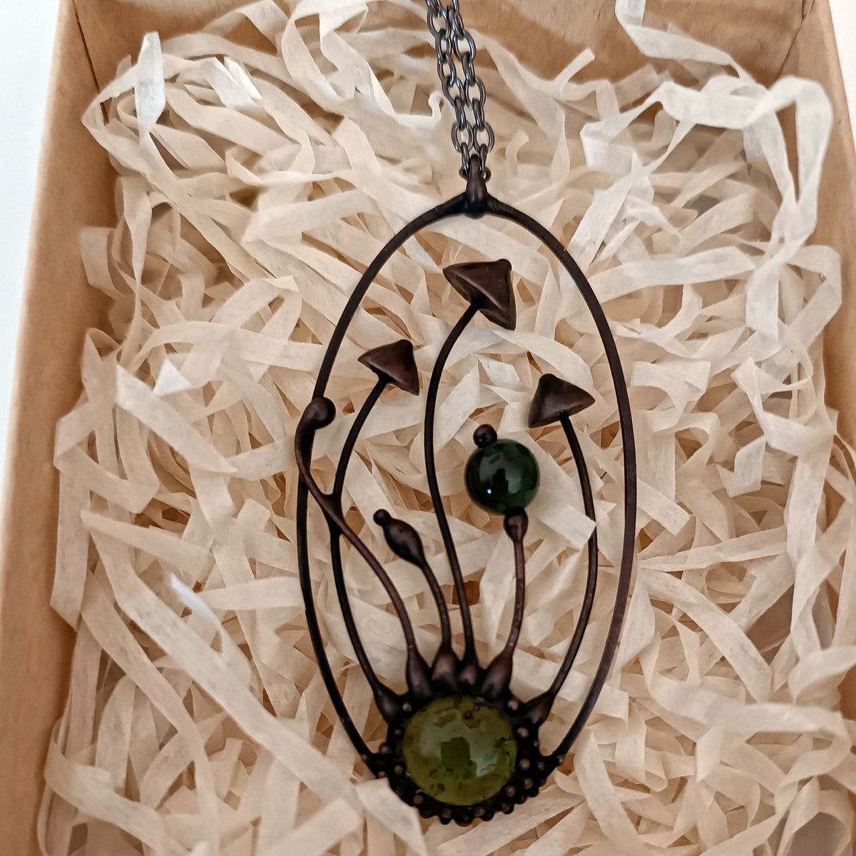 Green Glass Mushroom Necklace – Blackened Copper Oval Forest Pendant – Psychedelic Botanical