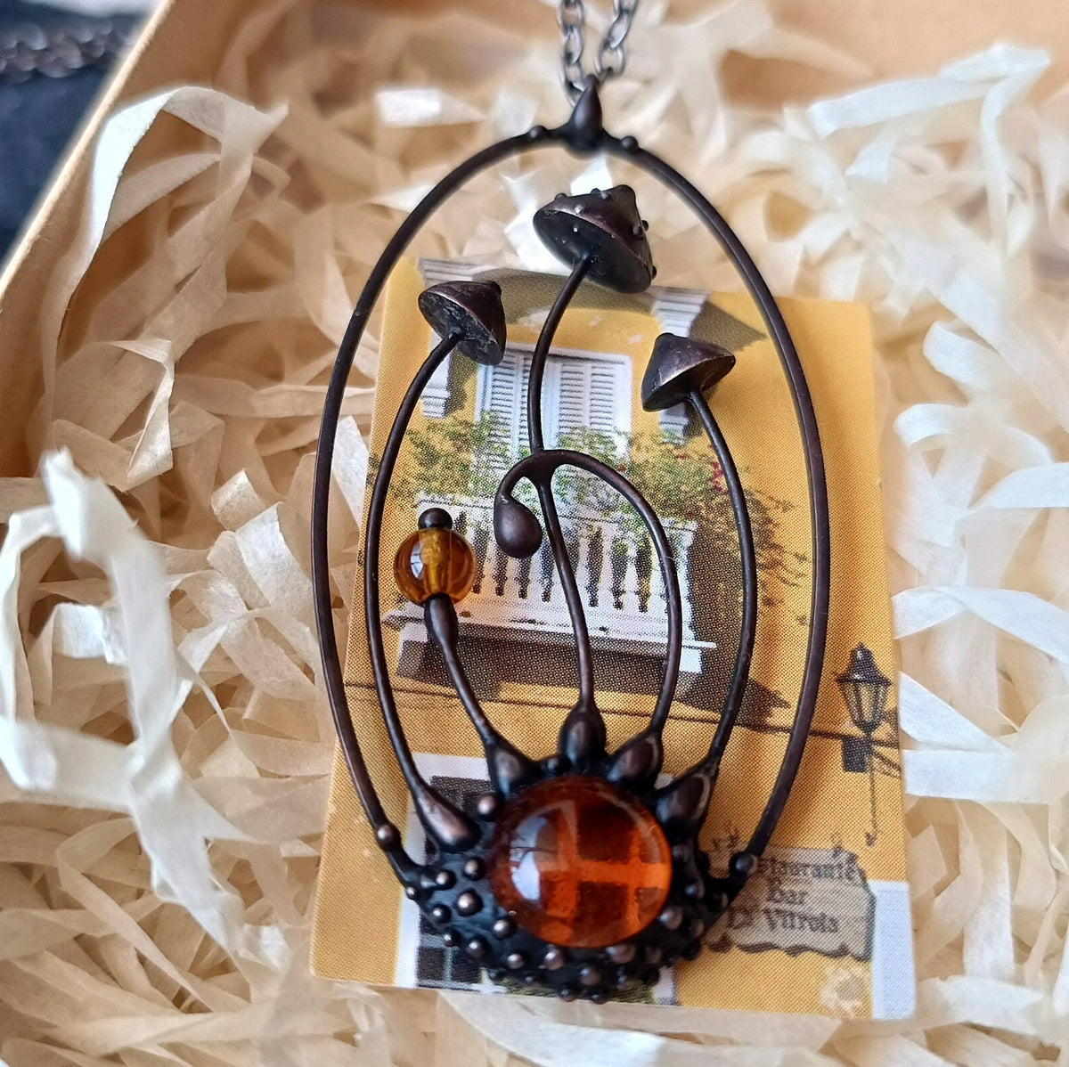 Amanita Mushroom Necklace – Red Orange Glass Pendant – Blackened Copper Oval Forest