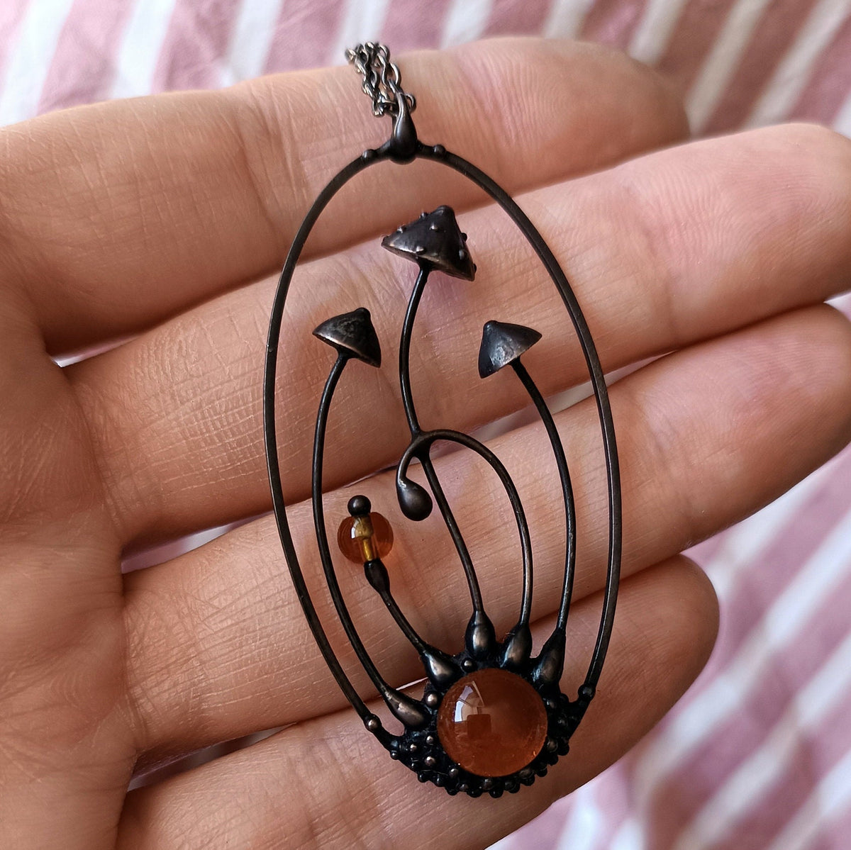 Amanita Mushroom Necklace – Red Orange Glass Pendant – Blackened Copper Oval Forest