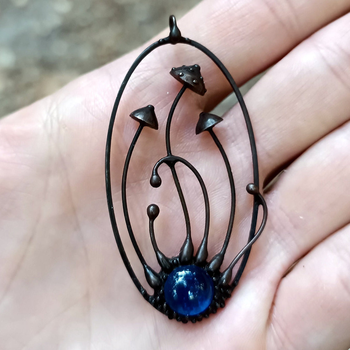 Blue Glass Amanita Mushroom Necklace – Blackened Copper Oval Forest Pendant – Botanical
