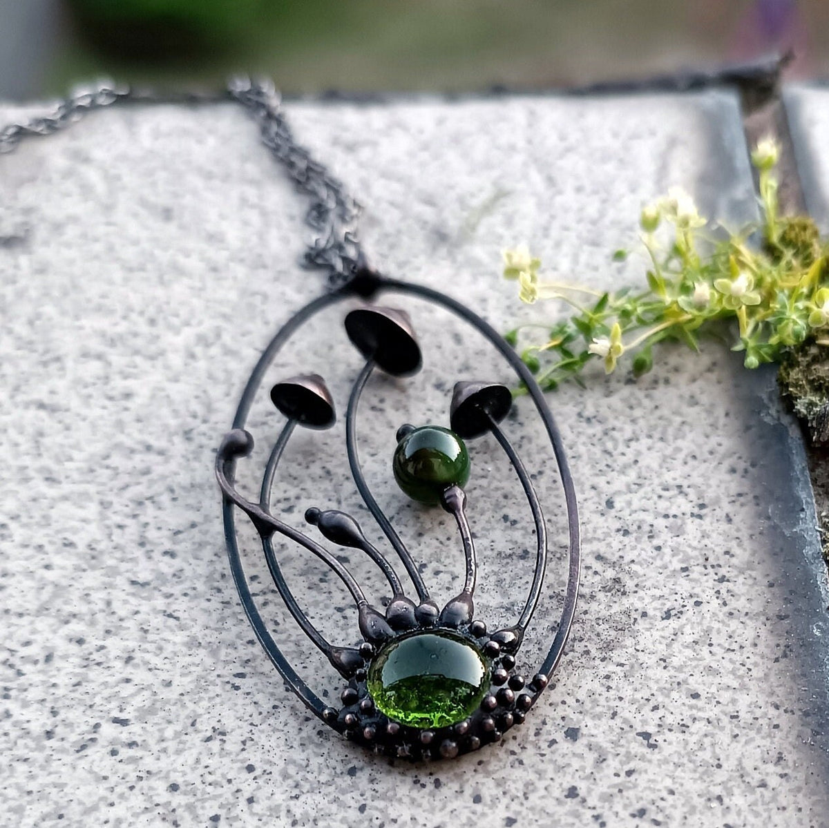 Green Glass Mushroom Necklace – Blackened Copper Oval Forest Pendant – Psychedelic Botanical