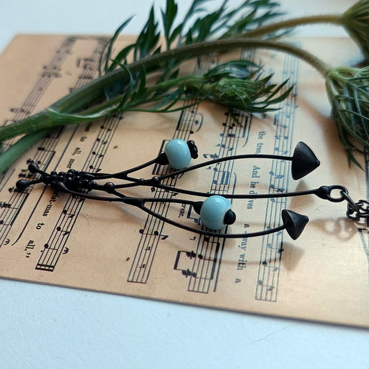 Blue Ceramic Mushroom Necklace – Blackened Copper Forest Pendant – Elven Botanical